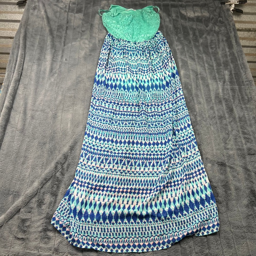 Maurices Womens Teal Crochet Lace Geometric Print Sleeveless Maxi Dress Small